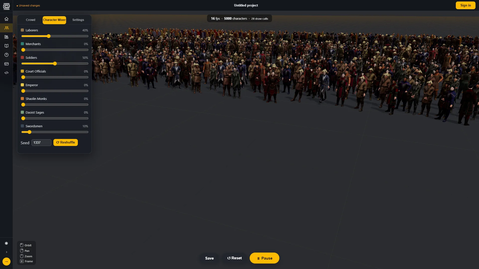 The Character Mixer tab with archetype weight sliders